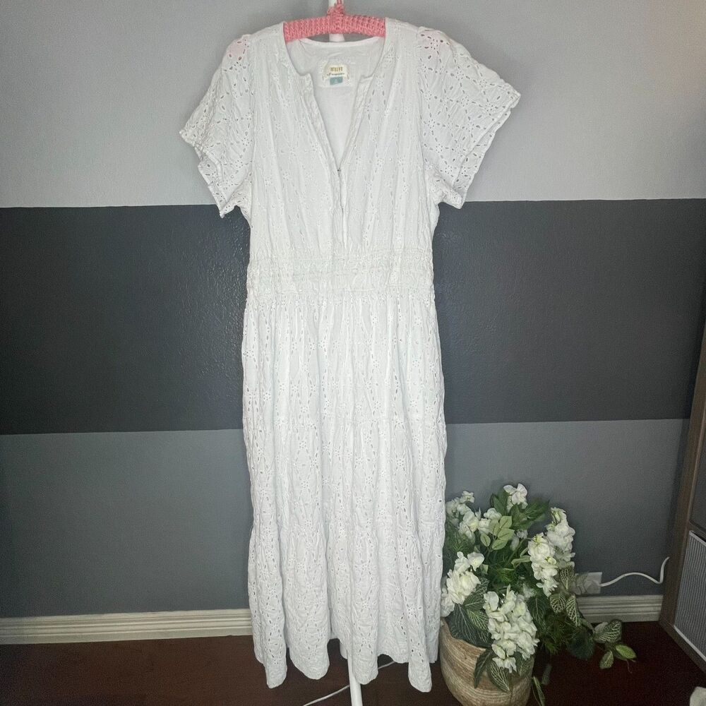 Maeve Anthropologie 2X White Eyelet Midi Dress Boho Cottagecore Cotton Tiered
